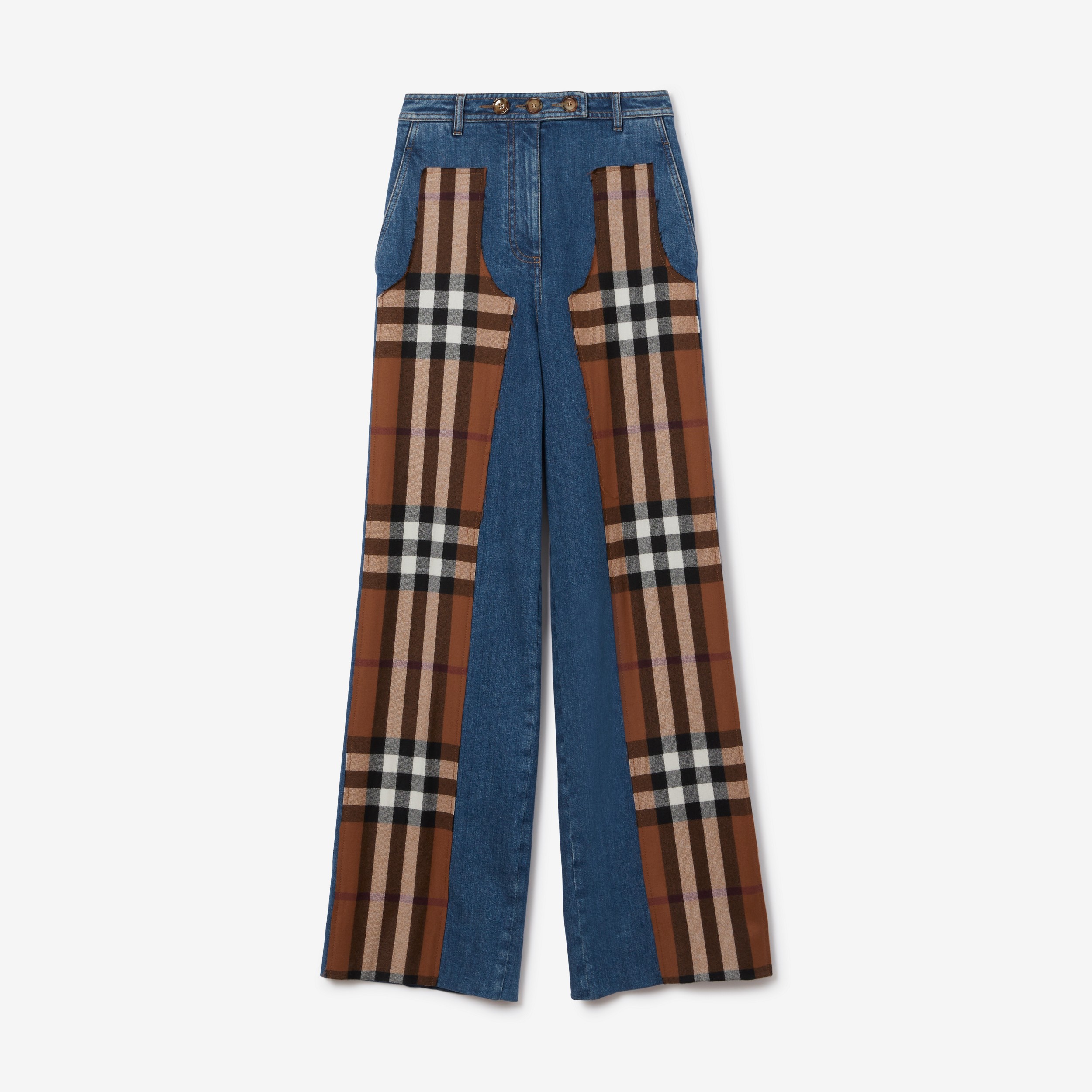 Calças jeans estonadas de lã com recorte xadrez (Azul Ardósia Intenso) - Mulheres | Burberry® oficial - 1