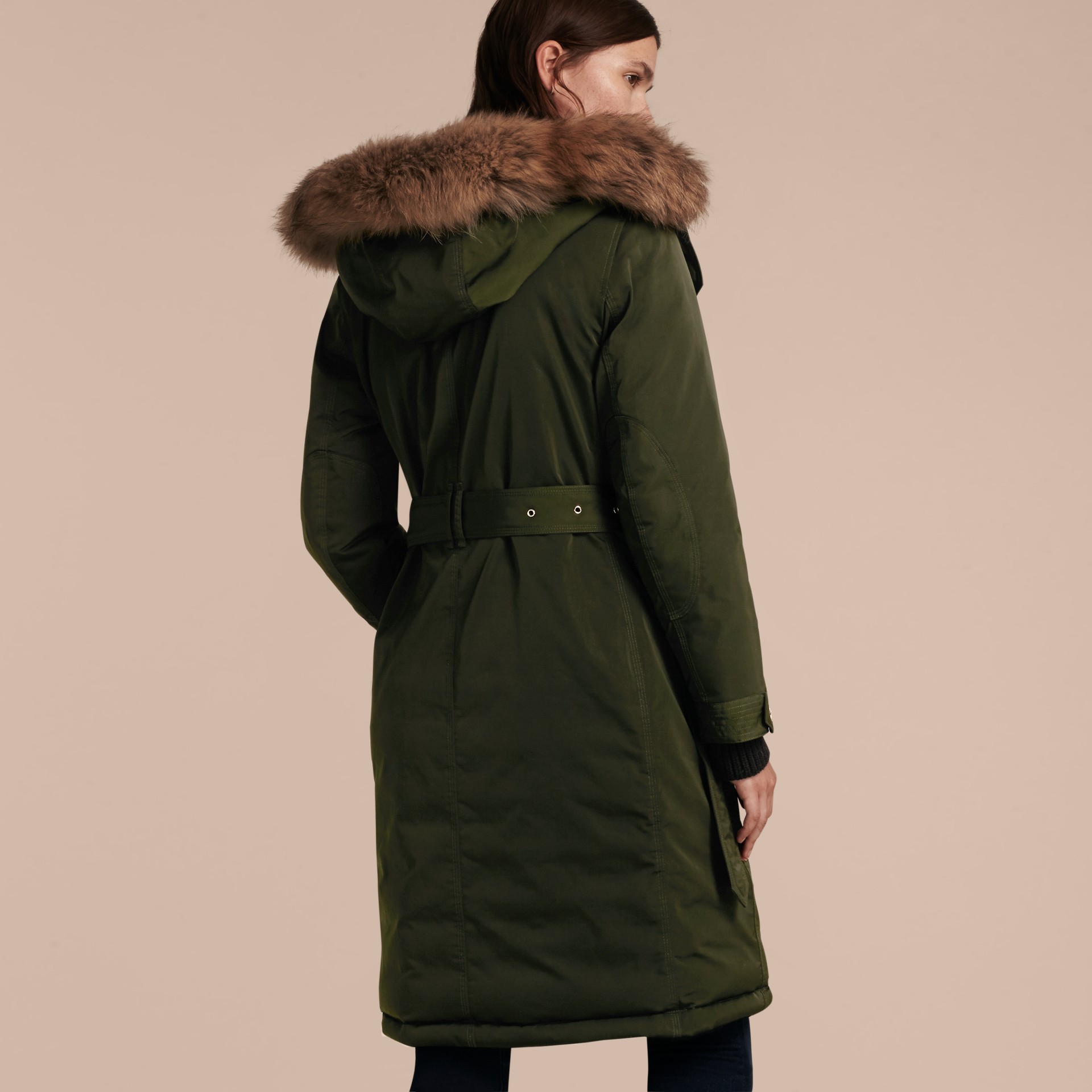 Downfilled Parka Coat with Detachable Fur Trim Dark Cedar Green Burberry