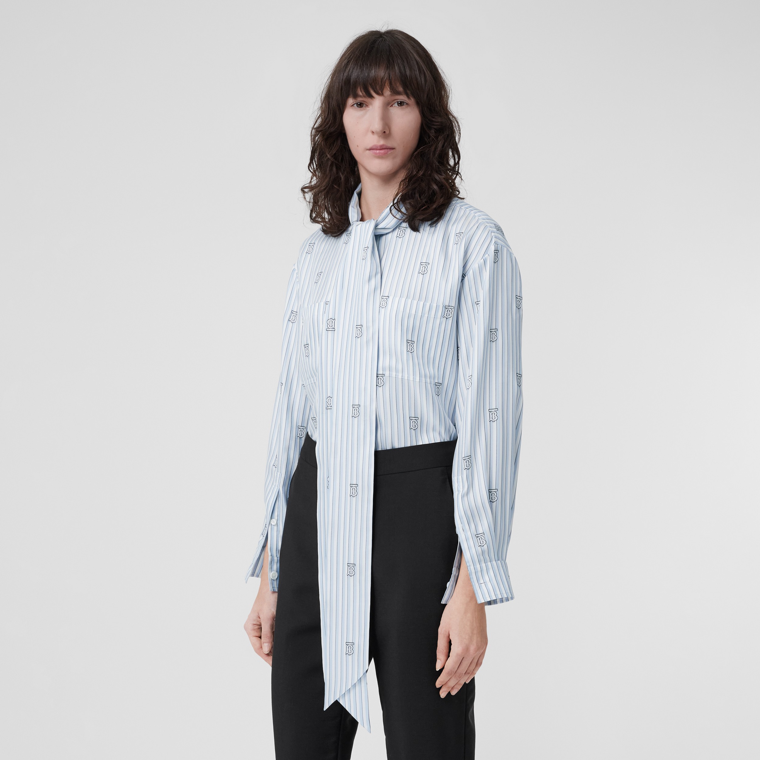 Monogram and Stripe Silk Blend Tie-neck Blouse in Pale Blue - Women | Burberry® Official - 1