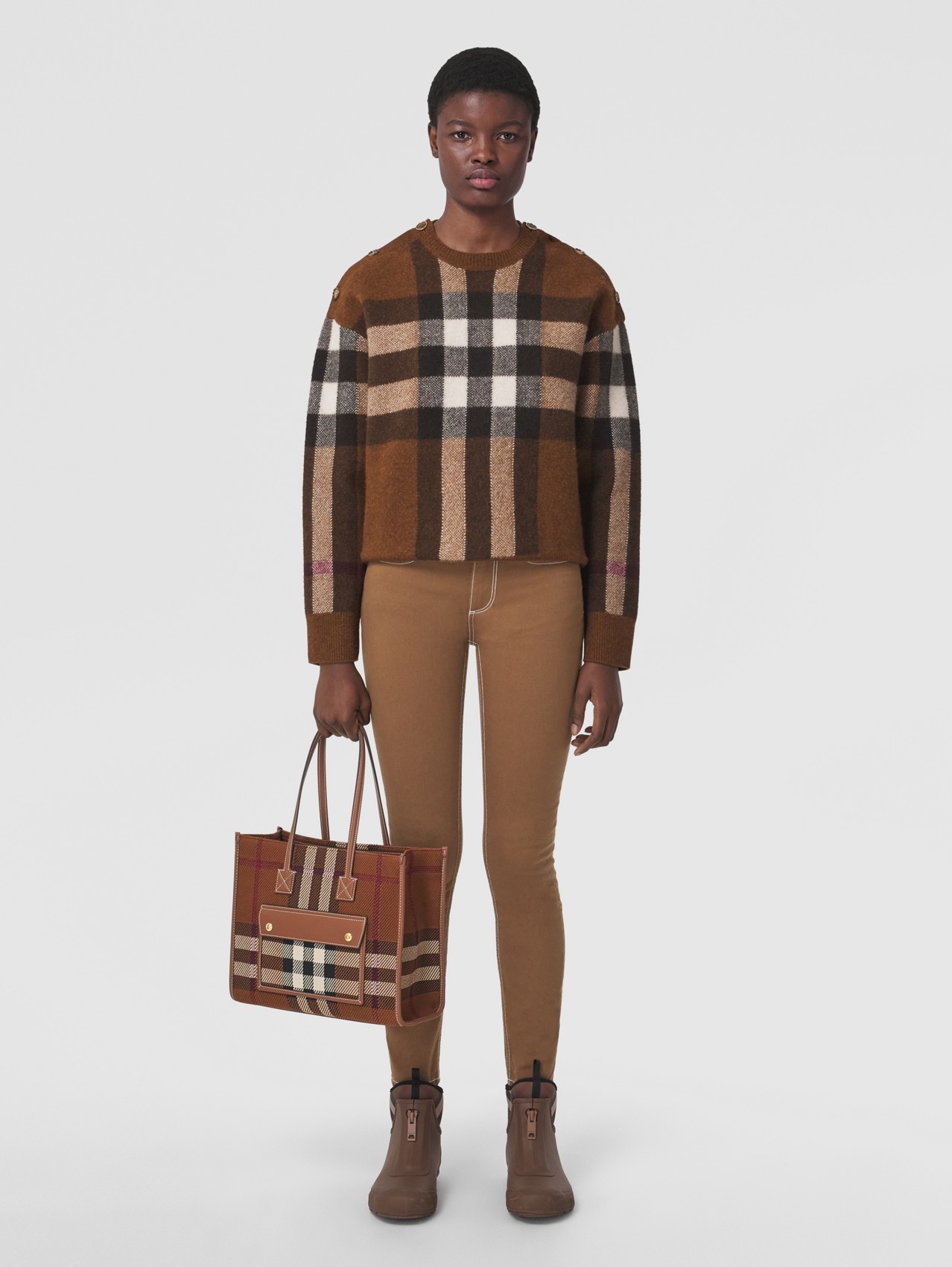 Small Knitted Check Freya Tote in Birch Brown
