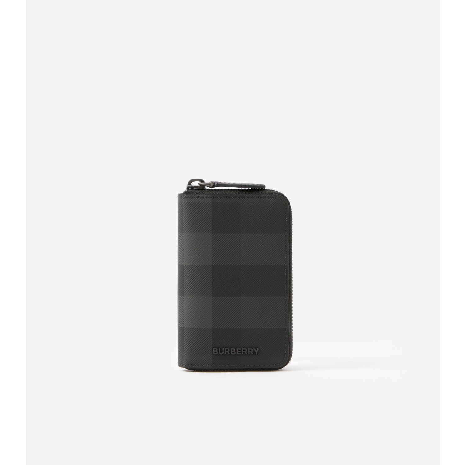 Check and Leather Card Case in Charcoal - Men