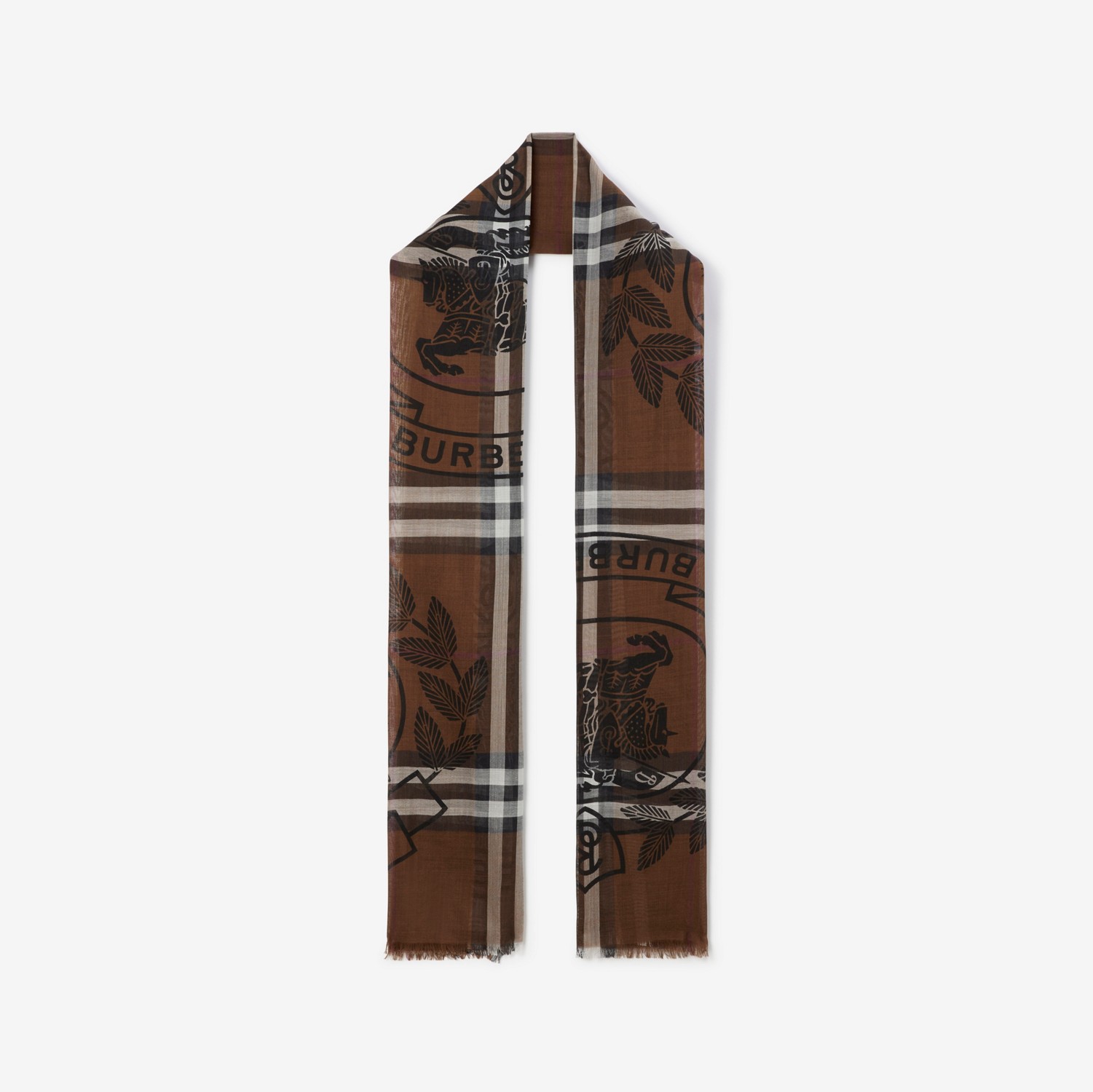 马术骑士徽标拼格纹丝毛混纺围巾 (深桦木棕) | Burberry® 博柏利官网