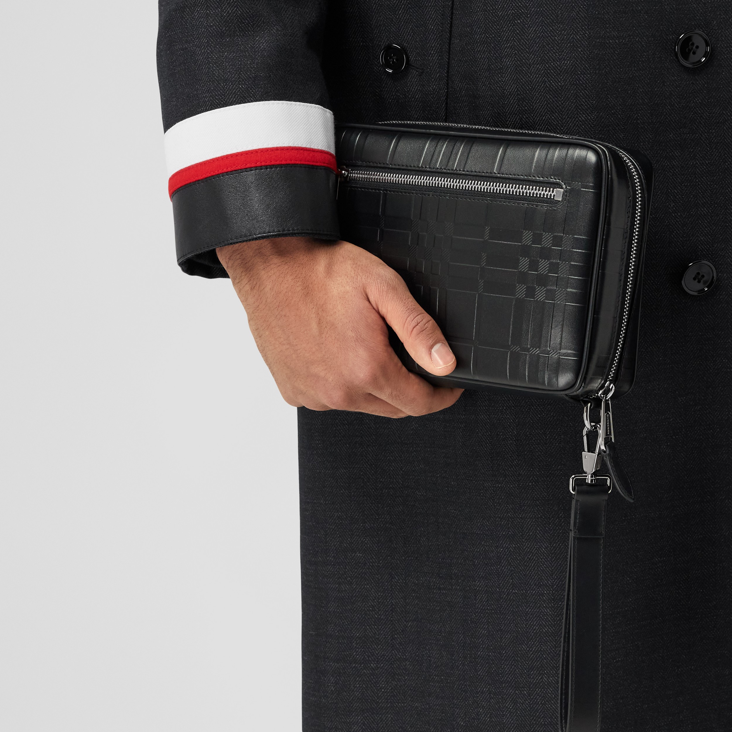 Embossed Check Leather Zip Pouch in Black | Burberry® Official - 3