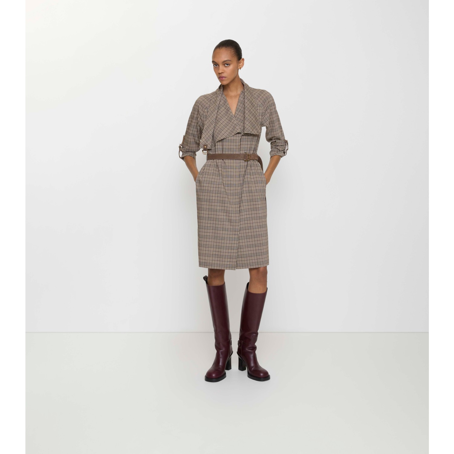 Scarf Collar Check Wool Dress