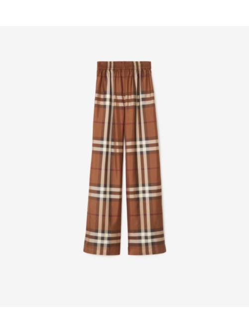 Shop Burberry Check Silk Pyjama Trousers In Dark Birch Brown
