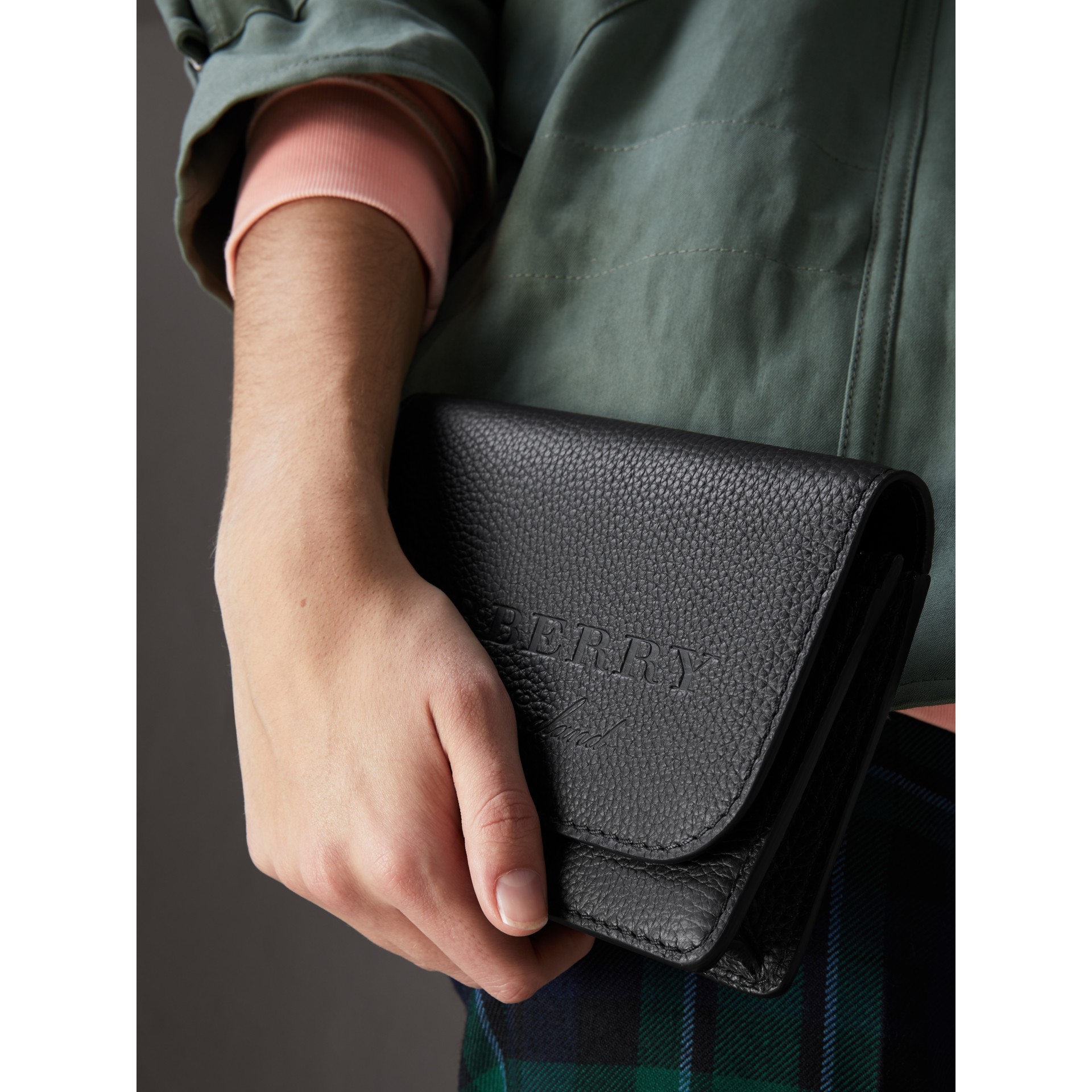 Embossed Leather Wallet with Detachable Strap in Black Women