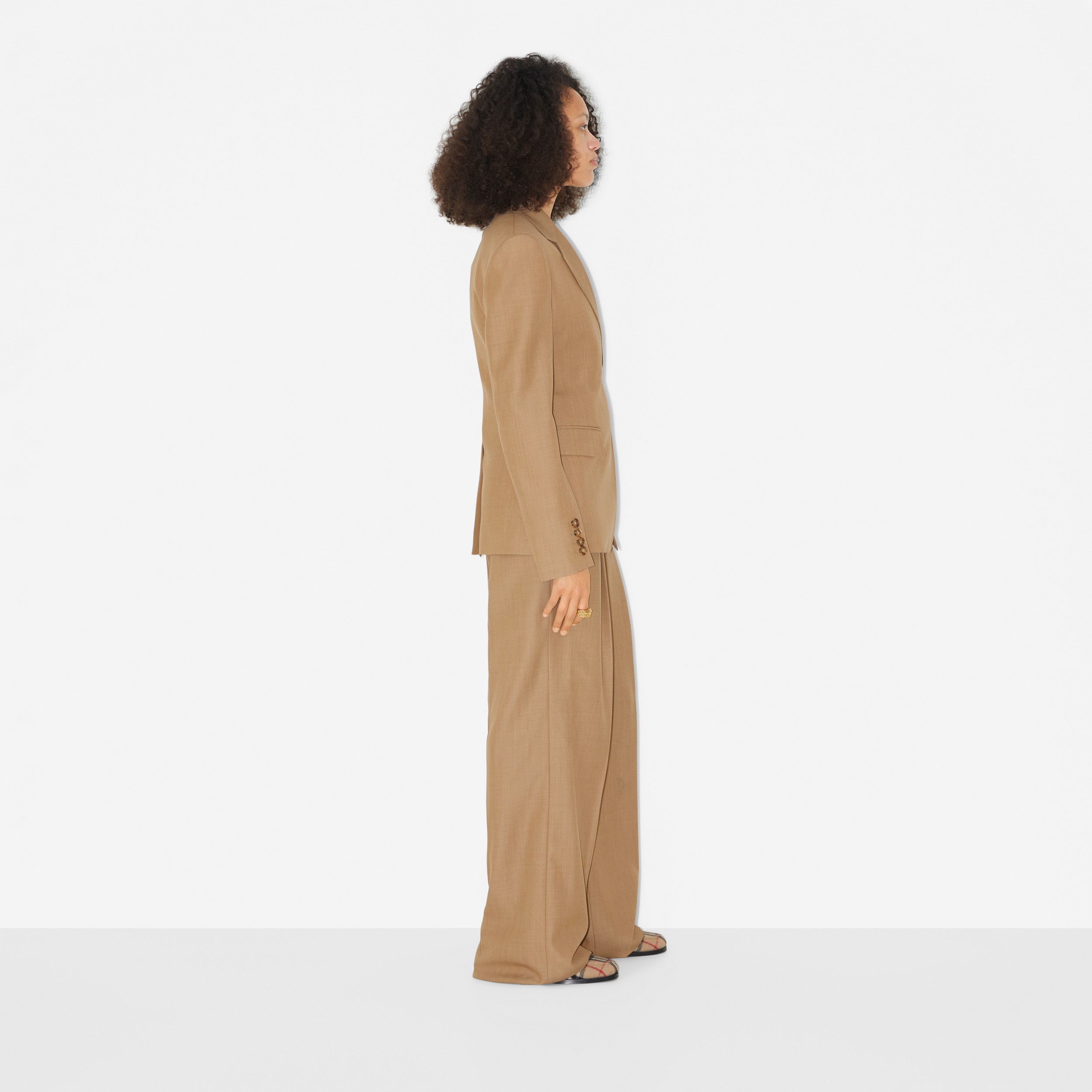 Calças estilo pantalona de lã com pregas (Camel Mesclado) - Mulheres | Burberry® oficial - 3