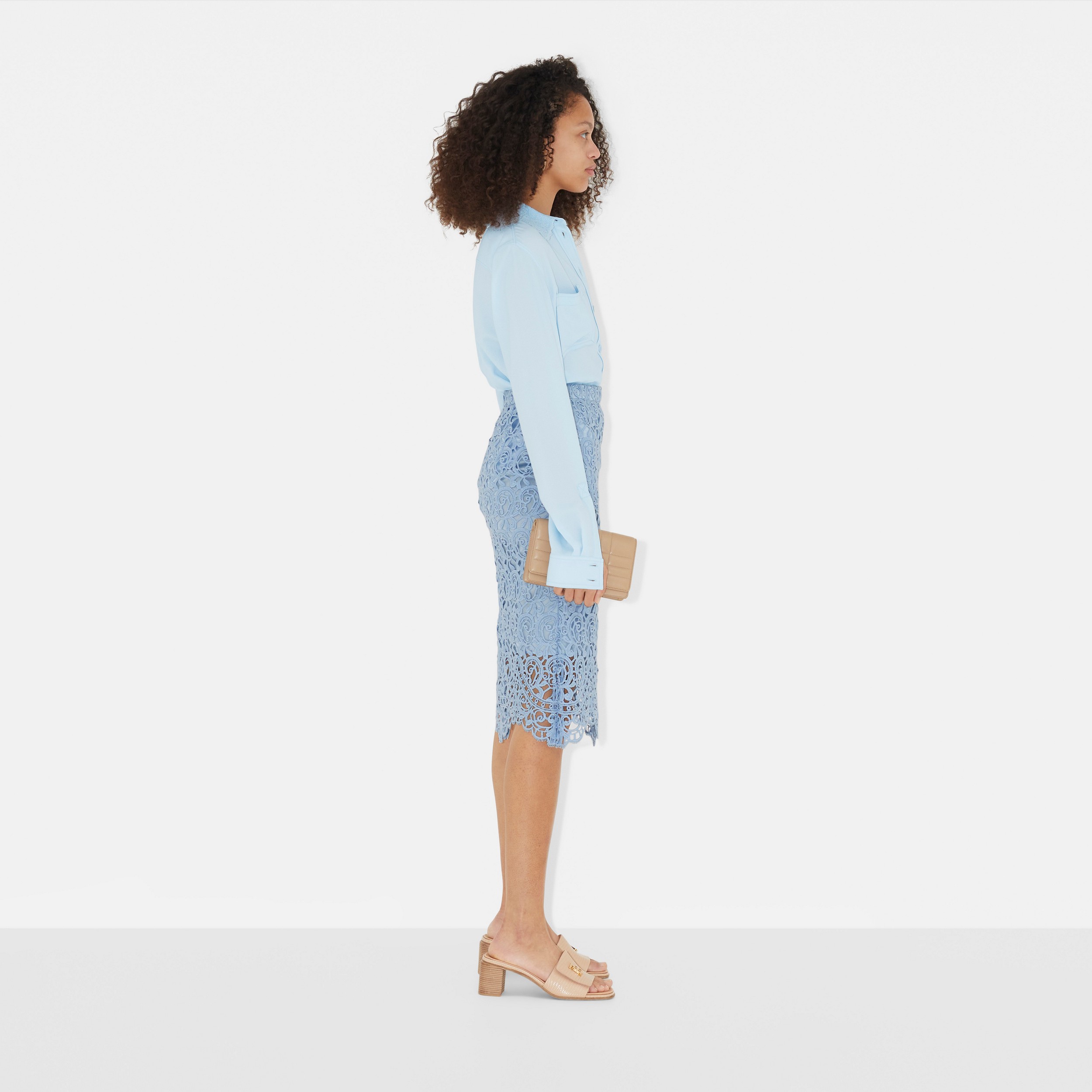 Macramé Lace Pencil Skirt in Pale Blue - Women | Burberry® Official - 3
