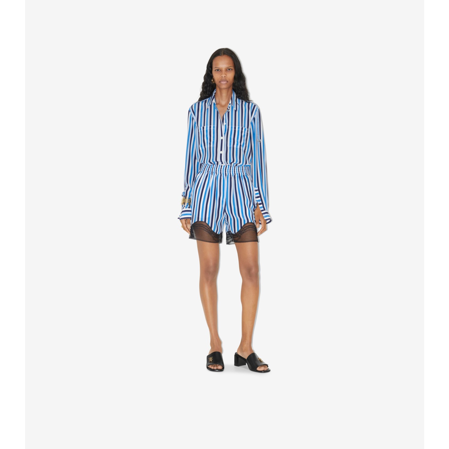 Lace Trimming Stripe Shirt Dress