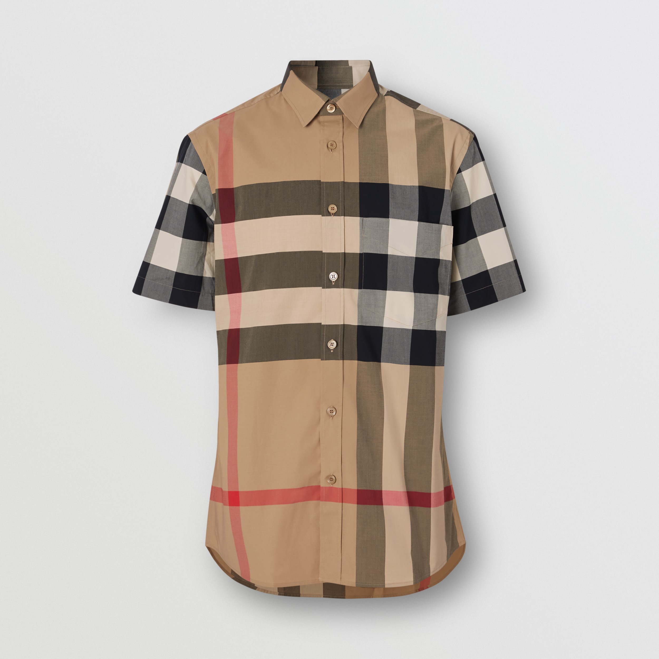 Short-sleeve Check Stretch Cotton Poplin Shirt in Archive Beige - Men ...