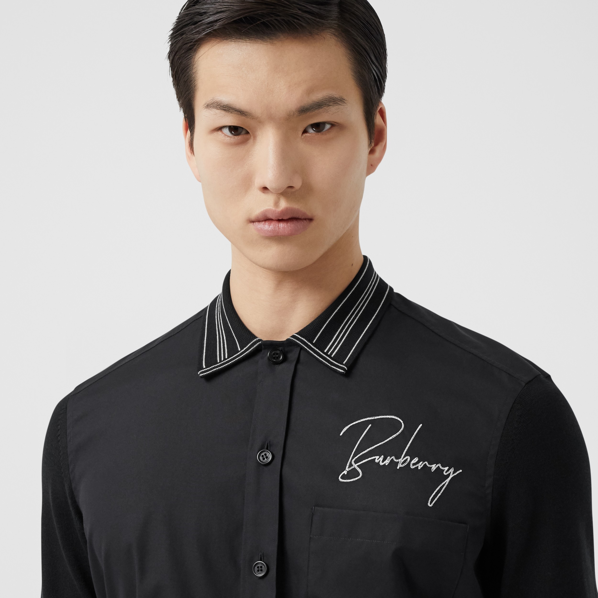 Silk Detail Logo Embroidered Cotton Poplin Shirt in Black - Men ...