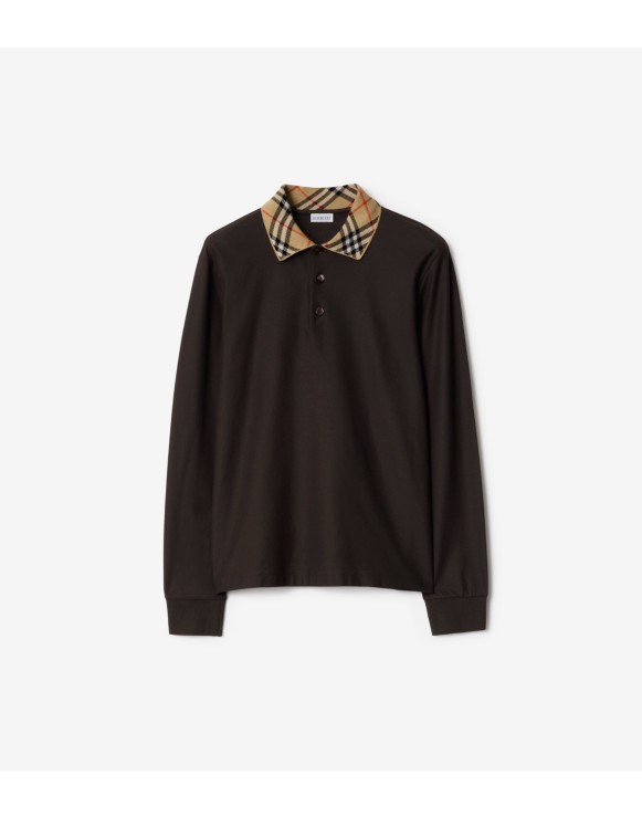 Polo à manches longues en coton avec col Check