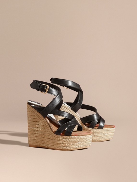 Sandals For Women Burberry Leather Platform Espadrille Wedge Sandals in Black - Sandals For Women Burberry