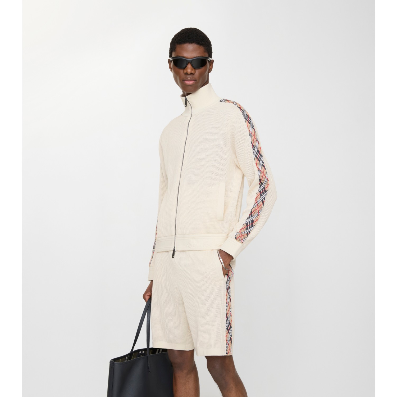 Baumwoll-Trainingsjacke mit Check-Besatz