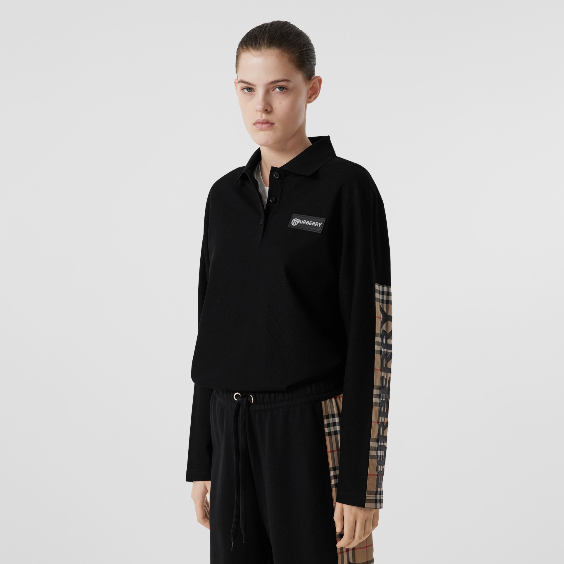 Longsleeve Vintage Check Panel Oversized Polo Shirt in Black Women