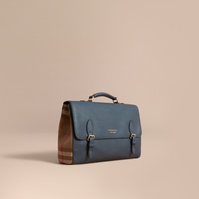 Burberry Leather And House Check Satchel In Storm Blue