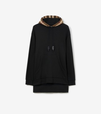 Check Trim Cotton Hoodie in Black Men Burberry Official