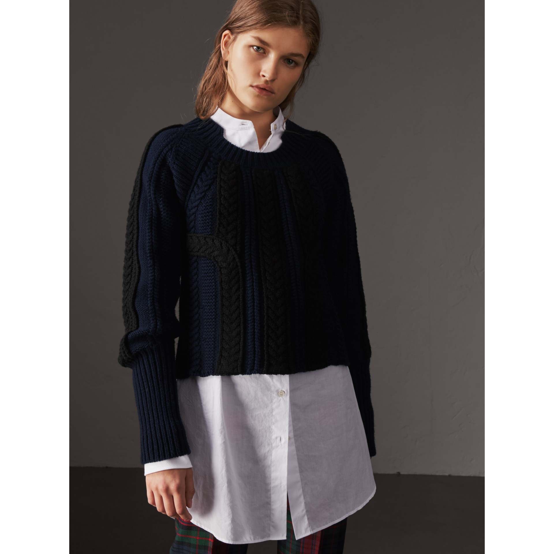 Two-tone Cable Knit Wool Cashmere Sweater in Navy - Women | Burberry ...