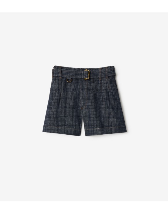 Belted Check Denim Shorts
