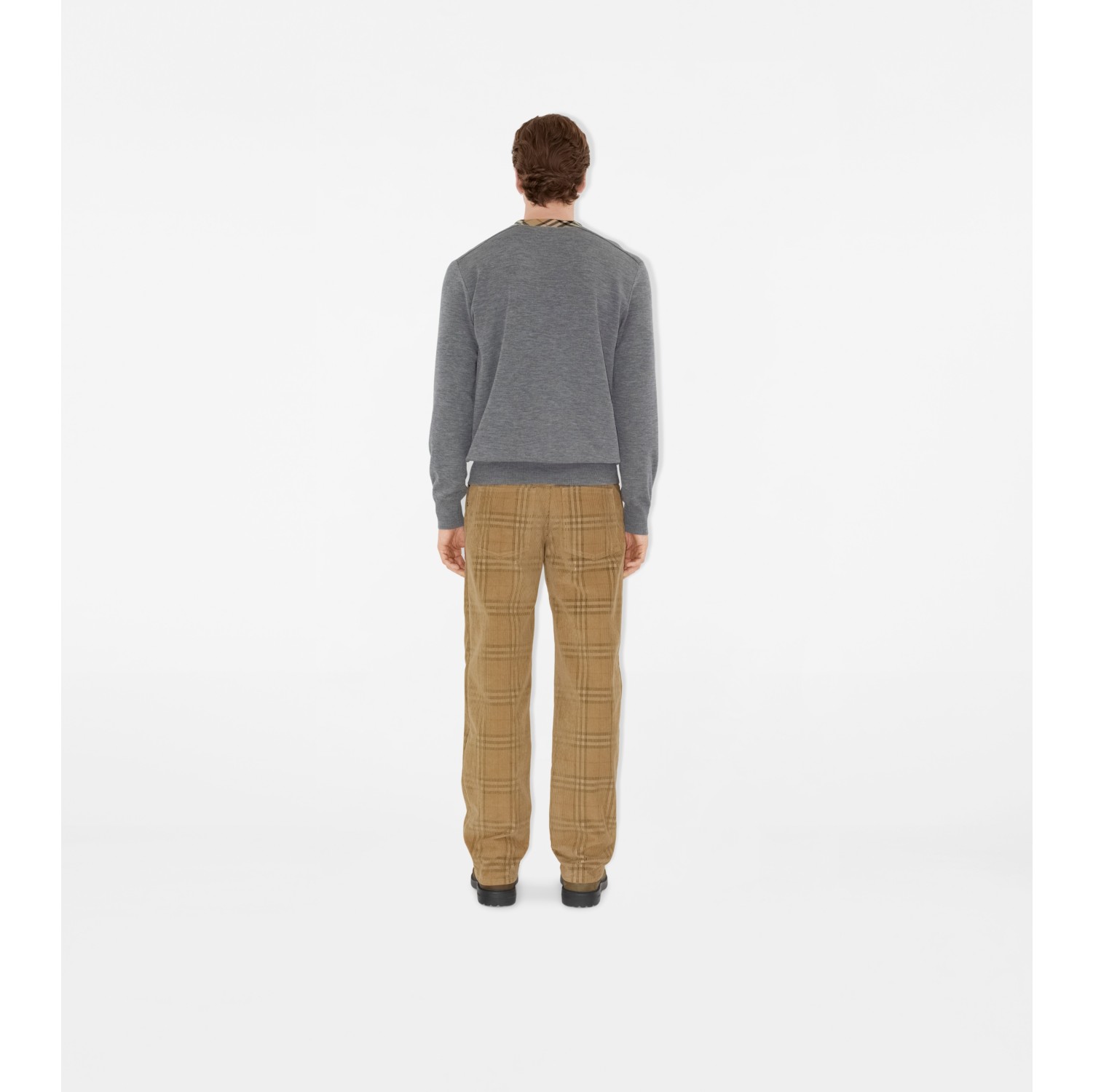 Wollpullover mit Check-Besatz
