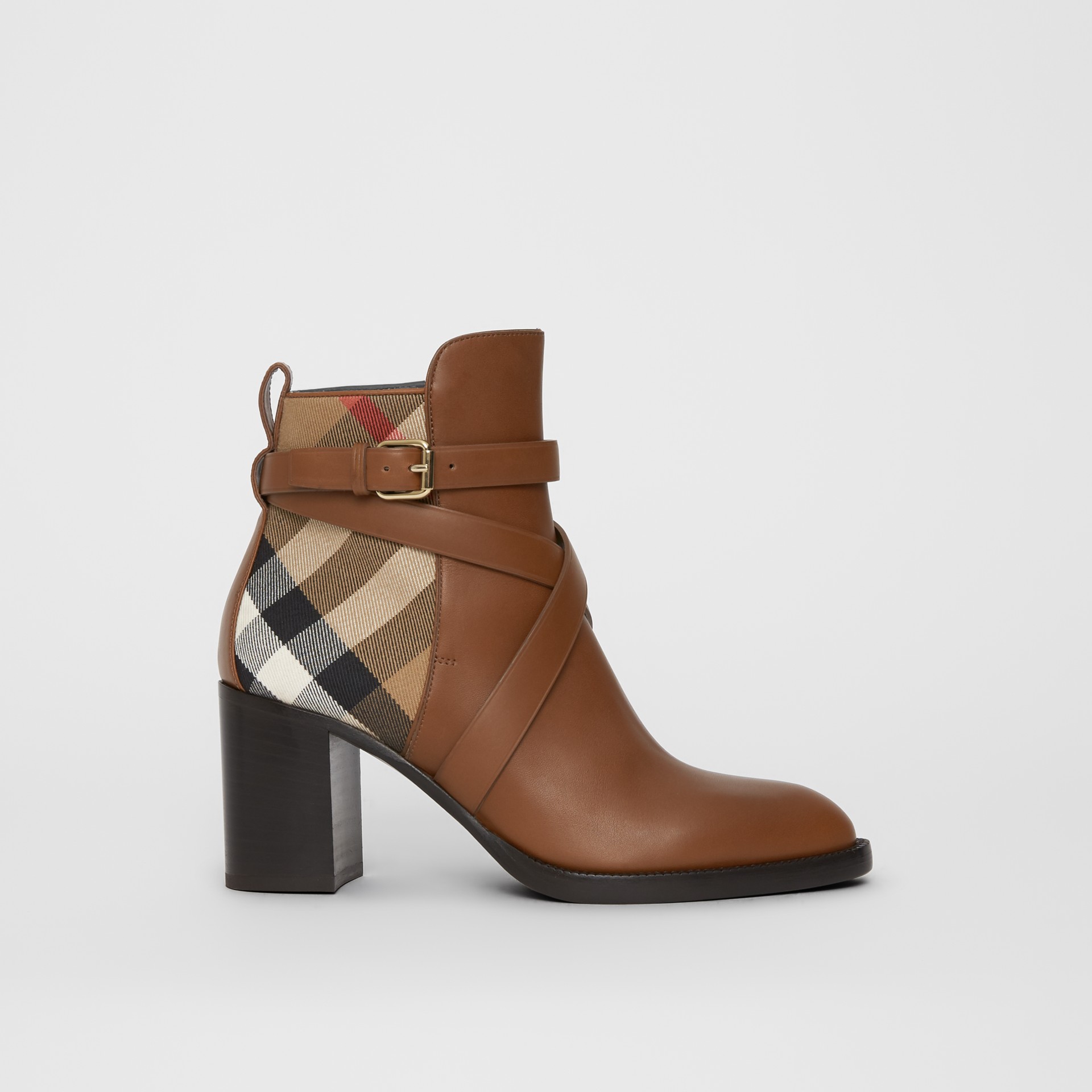 House Check and Leather Ankle Boots in Bright Camel - Women | Burberry ...