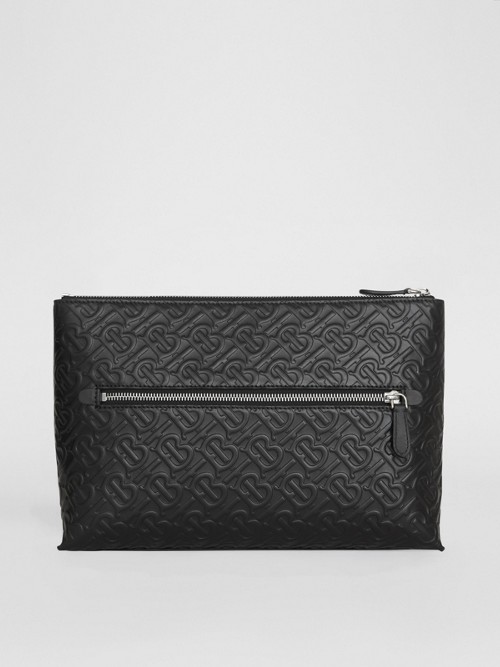 Burberry Monogram Leather Zip Pouch In Black