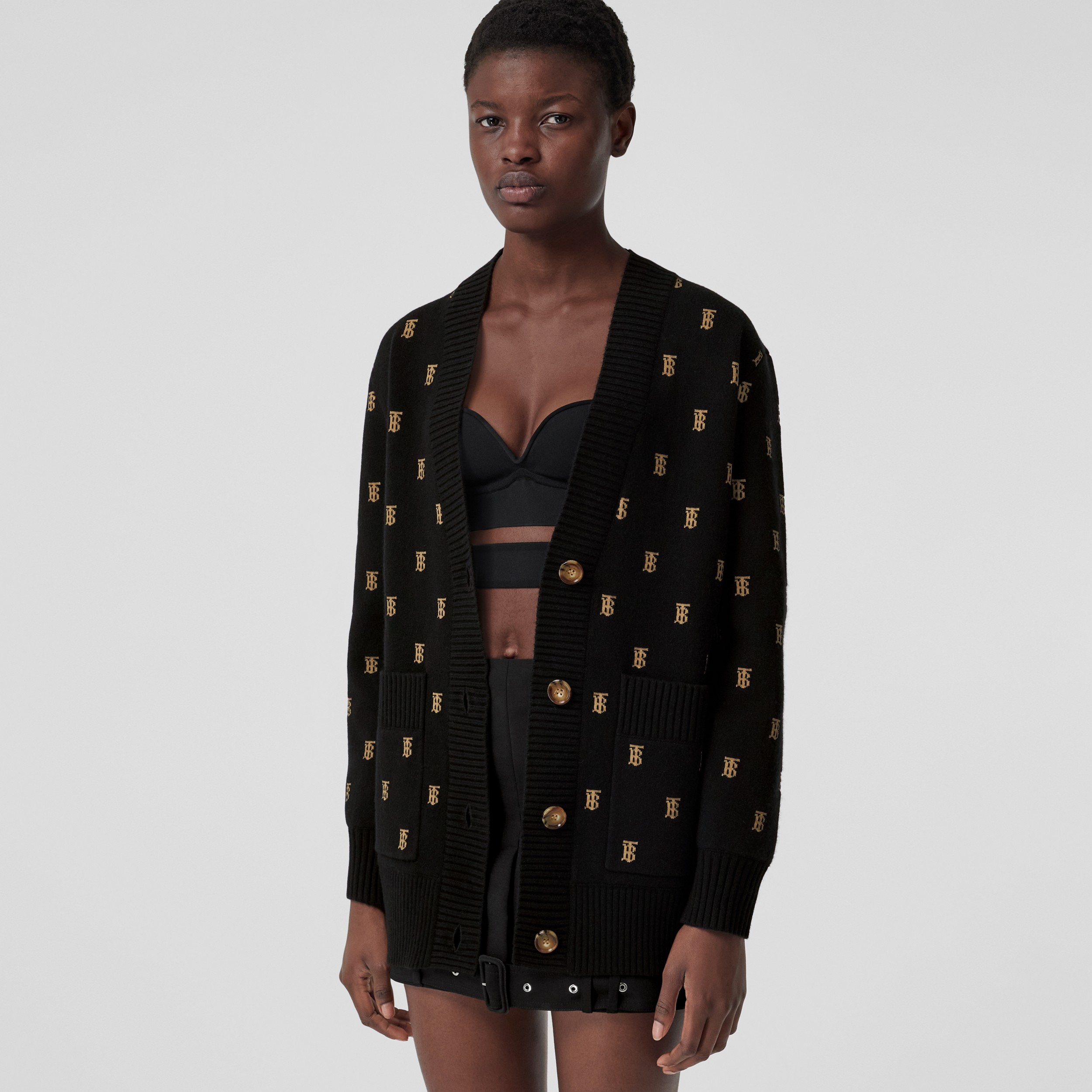 Monogram Wool Cashmere Blend Cardigan in Black - Women | Burberry® Official - 4