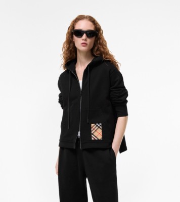 Cashmere Check Patch Cotton Zip Hoodie in Black - Women | Burberry