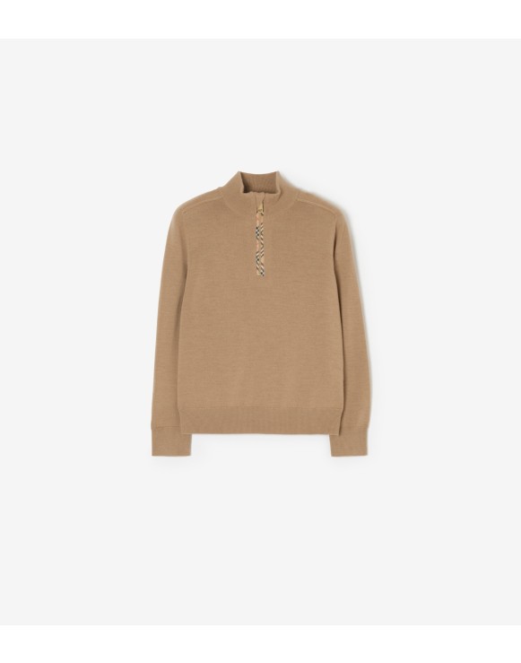 Check Trim Wool Half-zip Sweater