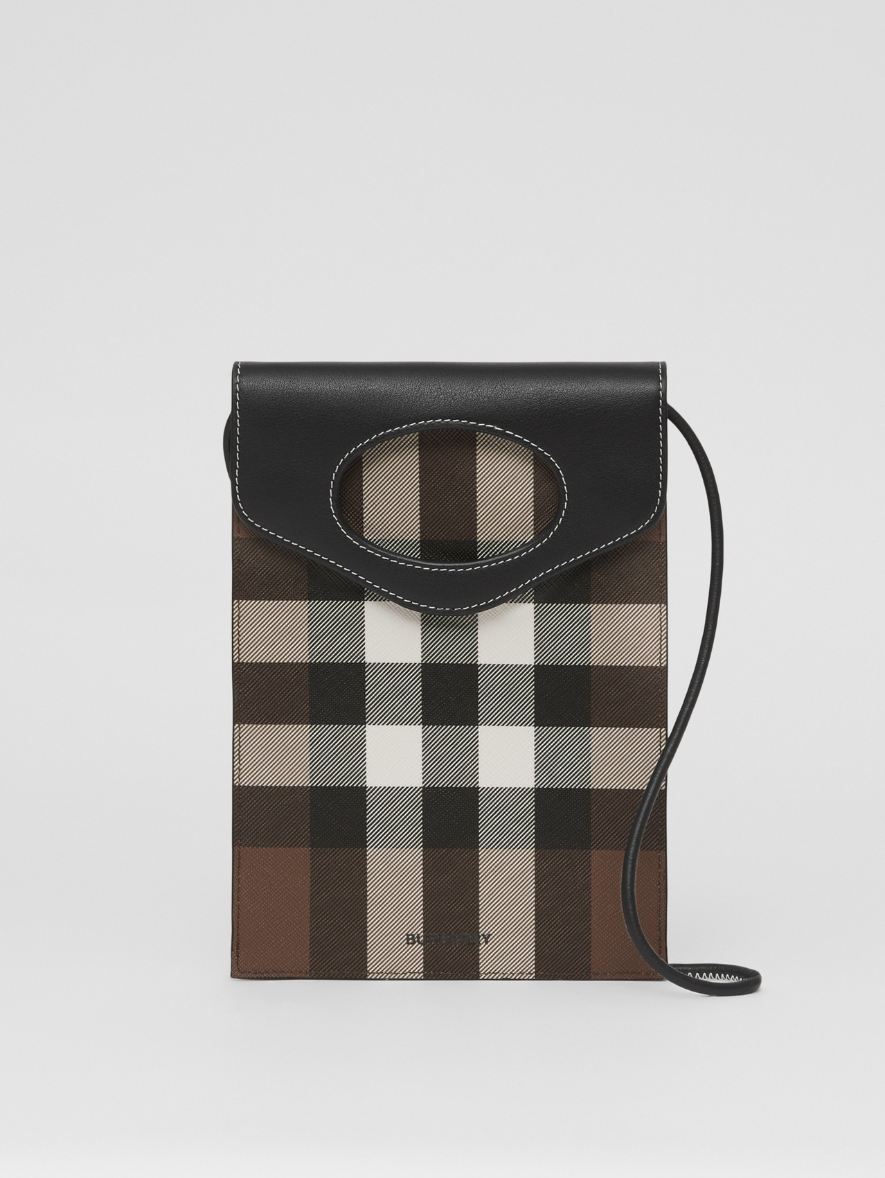 Check E-canvas and Leather Pocket Phone Case in Dark Birch Brown