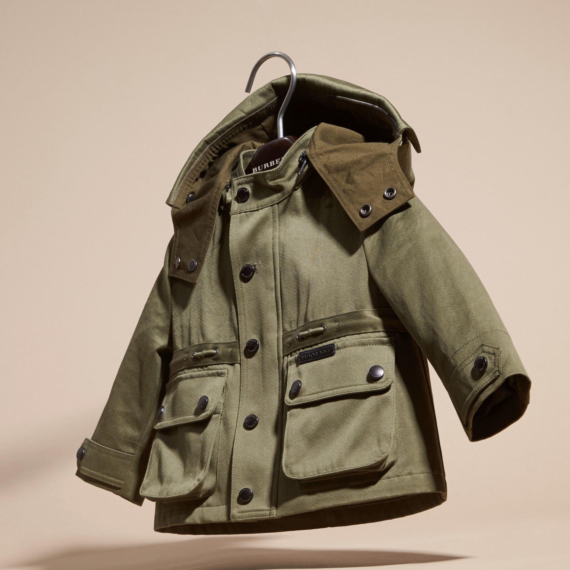 Waxed Cotton Jacket with Detachable Warmer in Olive Boy Burberry