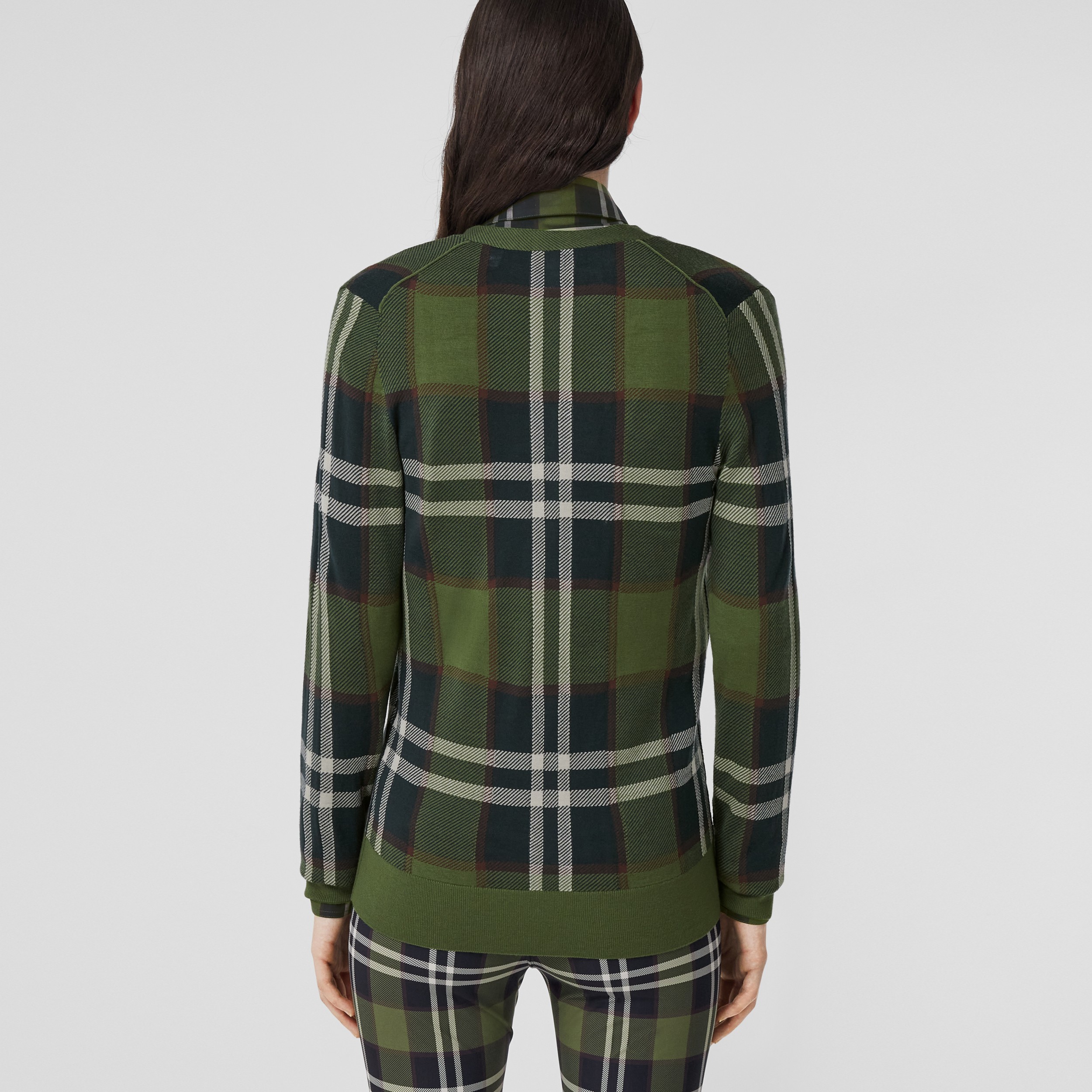 Check Intarsia Wool Silk Cotton Cardigan in Olive - Women | Burberry® Official - 3