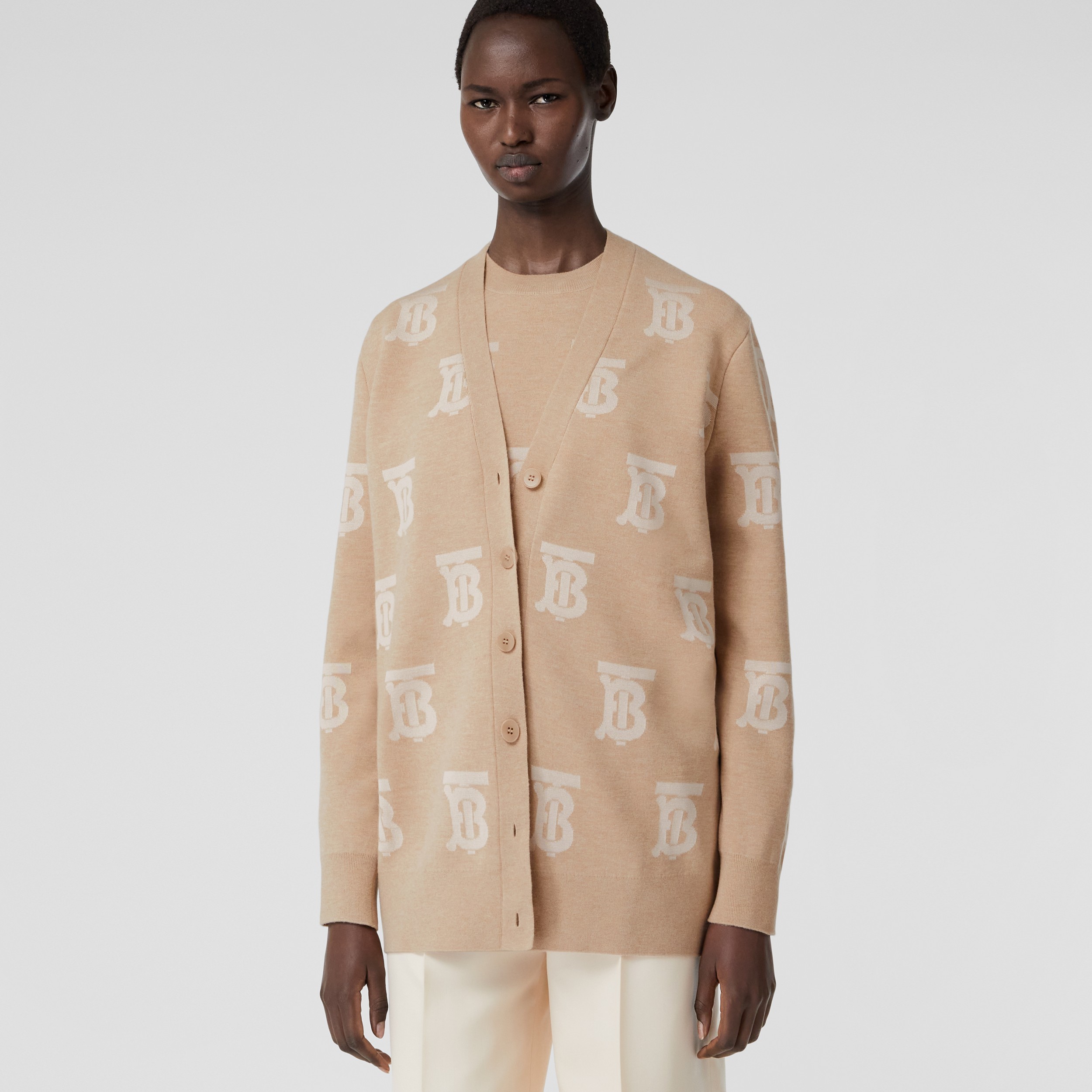 Monogram Wool Silk Blend Oversized Cardigan in Light Camel - Women | Burberry® Official - 1