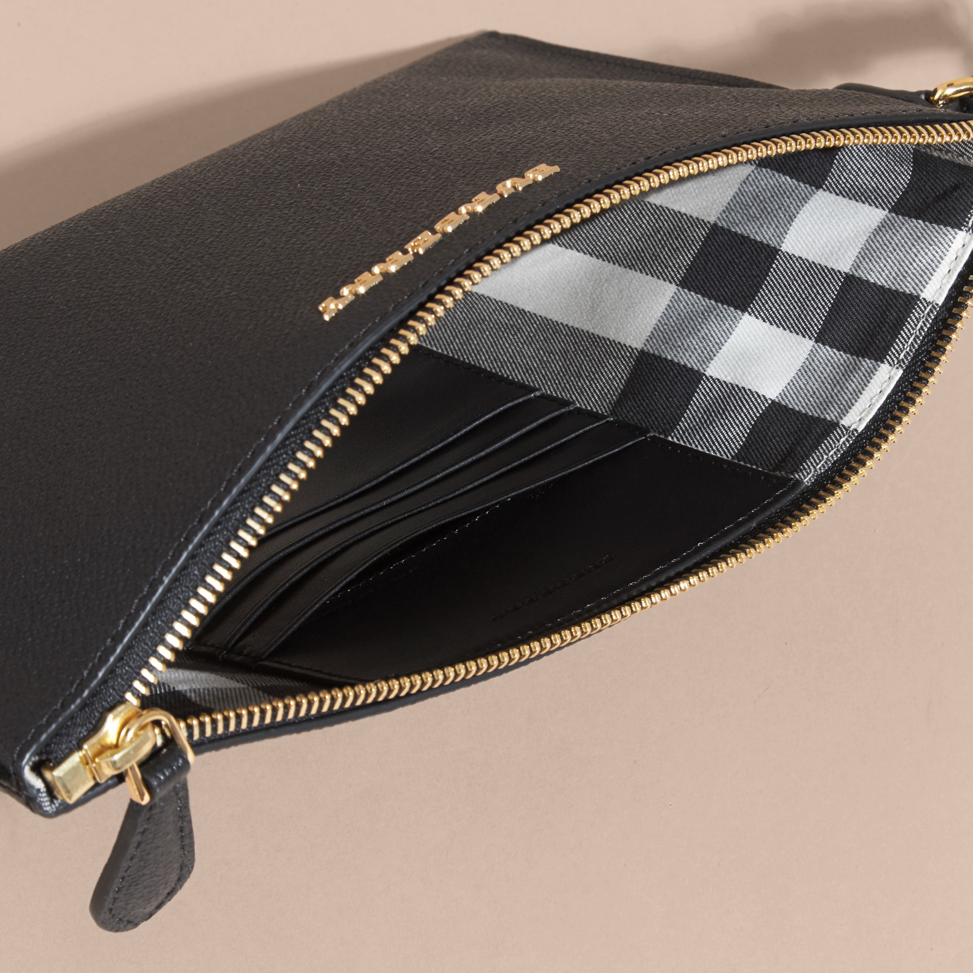 Leather Clutch Bag with Check Lining in Black Women Burberry