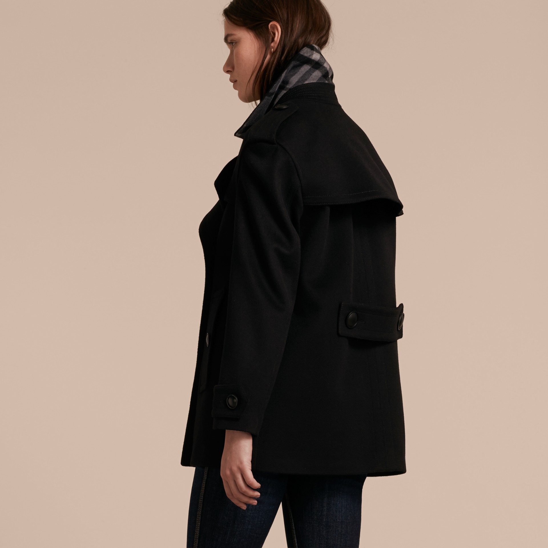 Wool Cashmere Pea Coat with Detachable Warmer in Black Women