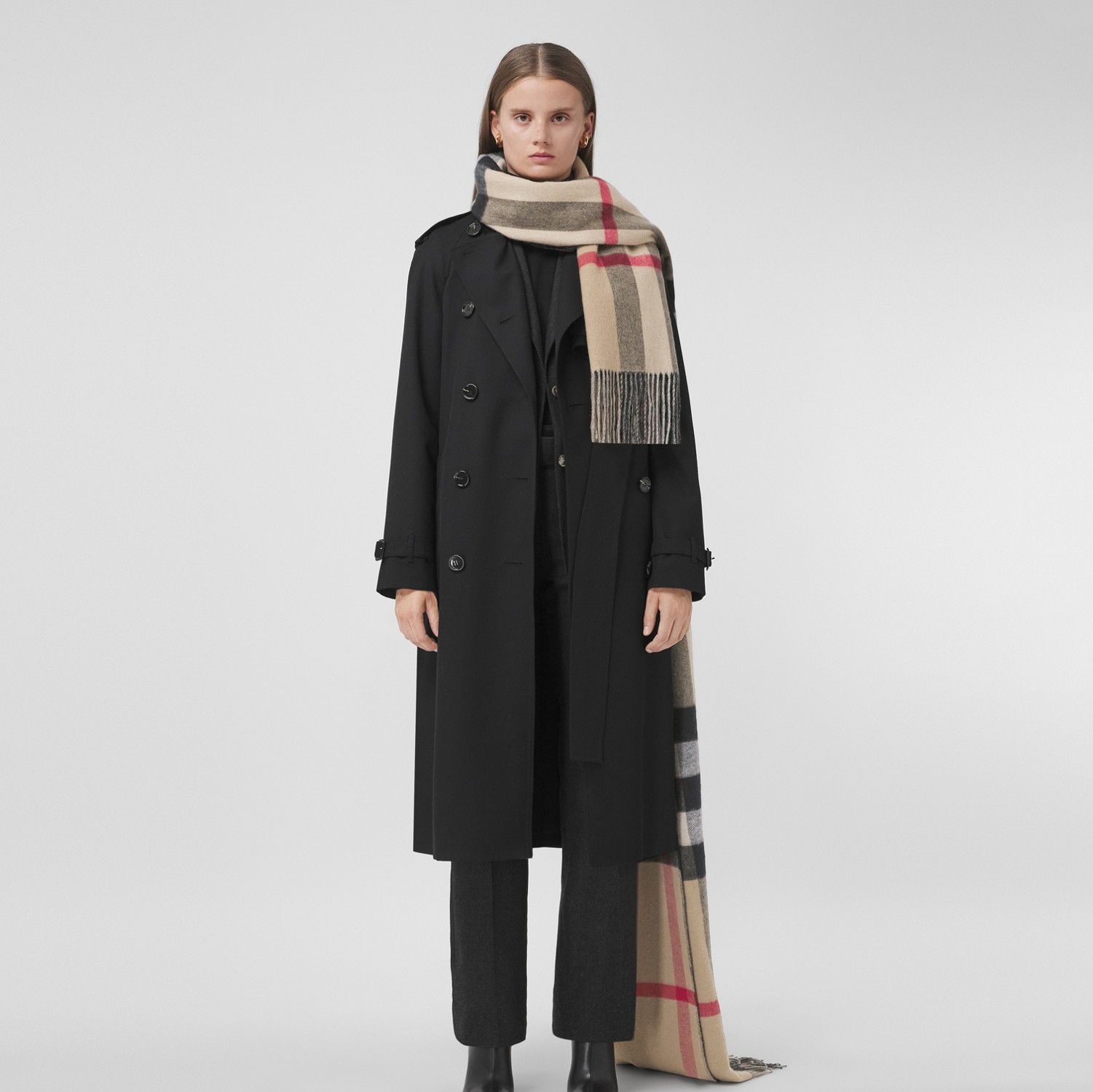 Check and Monogram Cashmere Oversized Scarf in Charcoal | Burberry® Official