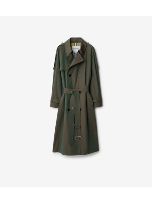 Shop Burberry Long Cotton Trench Coat In Antique Green