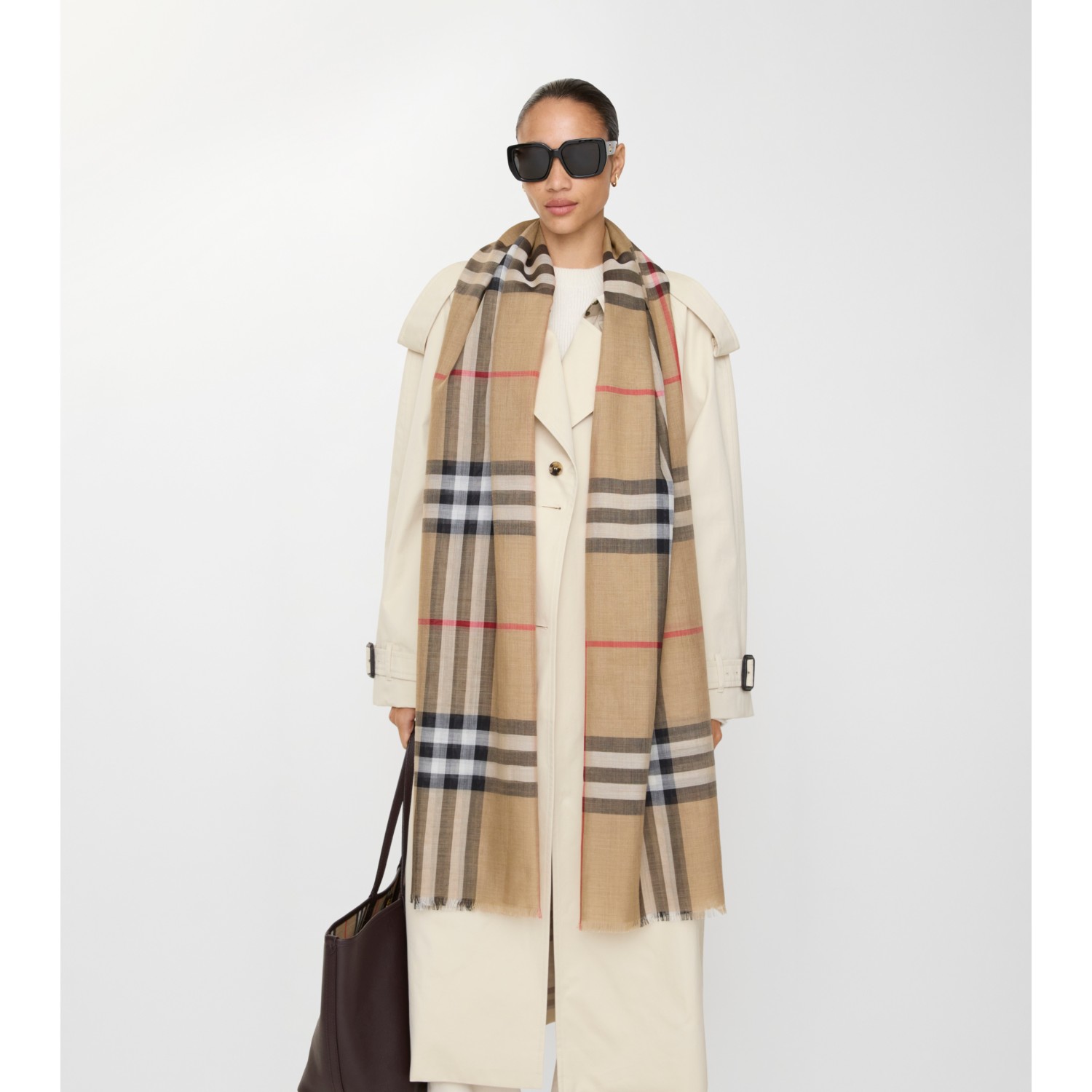 Wide Check Wool Silk Scarf - thumbnail 3