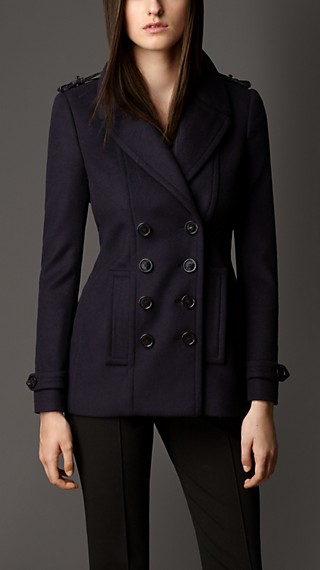 Leather Detail Wool Cashmere Pea Coat