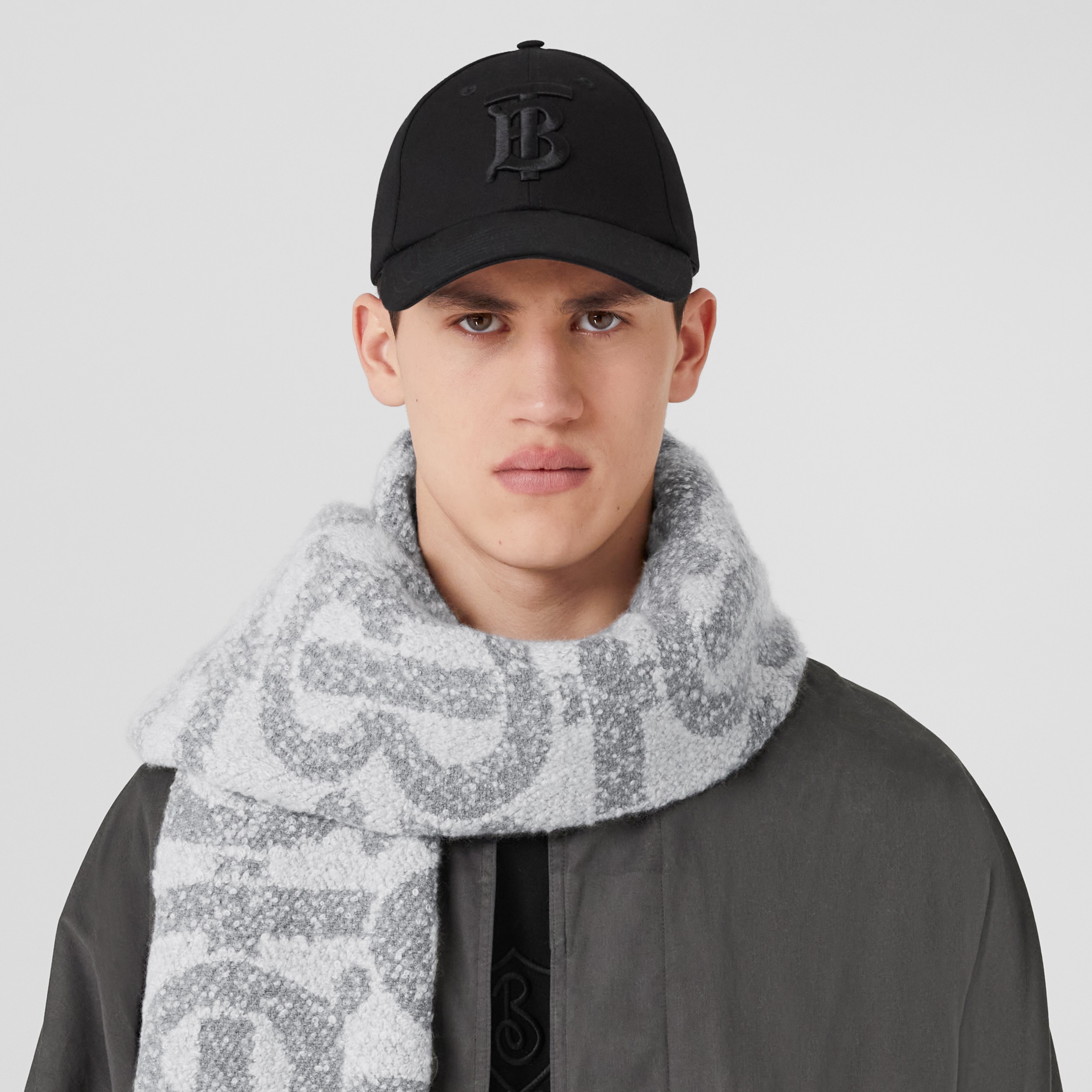 Monogram Cashmere Silk Bouclé Scarf in Grey | Burberry® Official - 4