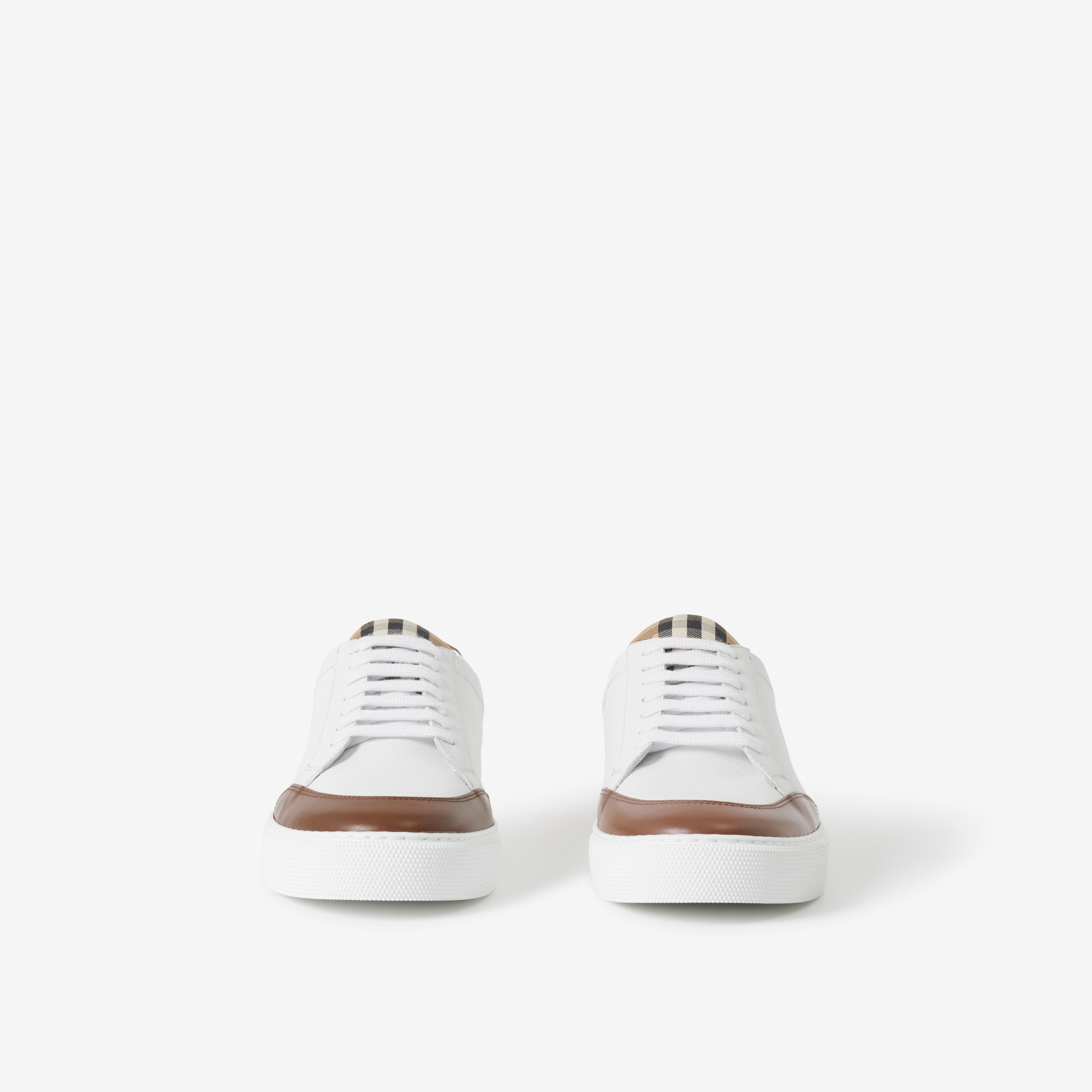 Leather and Check Cotton Sneakers in Optic White/malt Brown - Women | Burberry® Official - 2