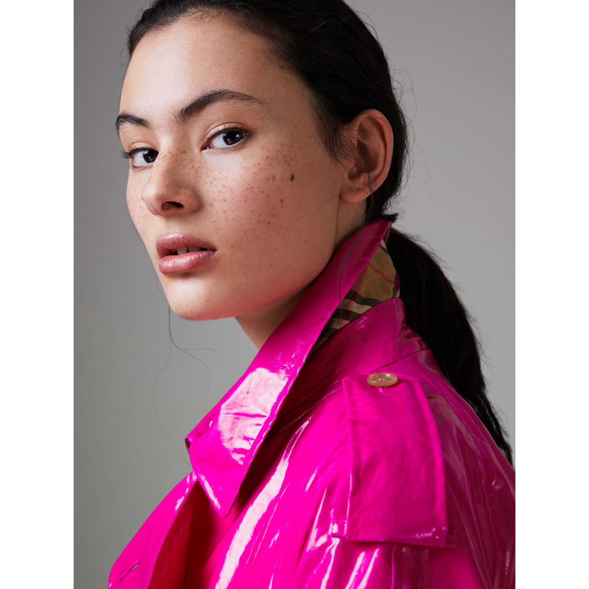 Laminated Cotton Trench Coat in Neon Pink Women Burberry United States