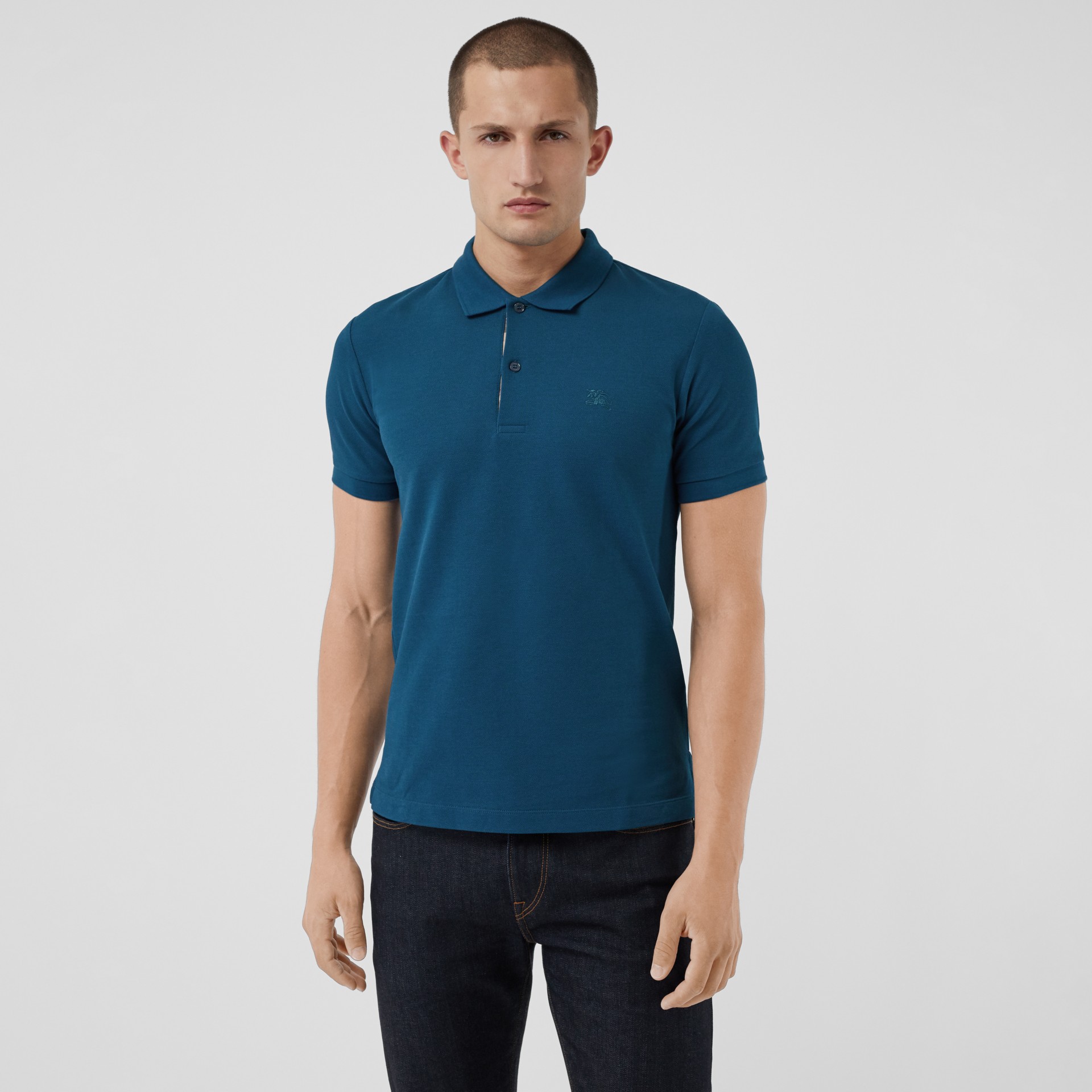 Check Placket Cotton Piqué Polo Shirt in Mineral Blue - Men | Burberry ...
