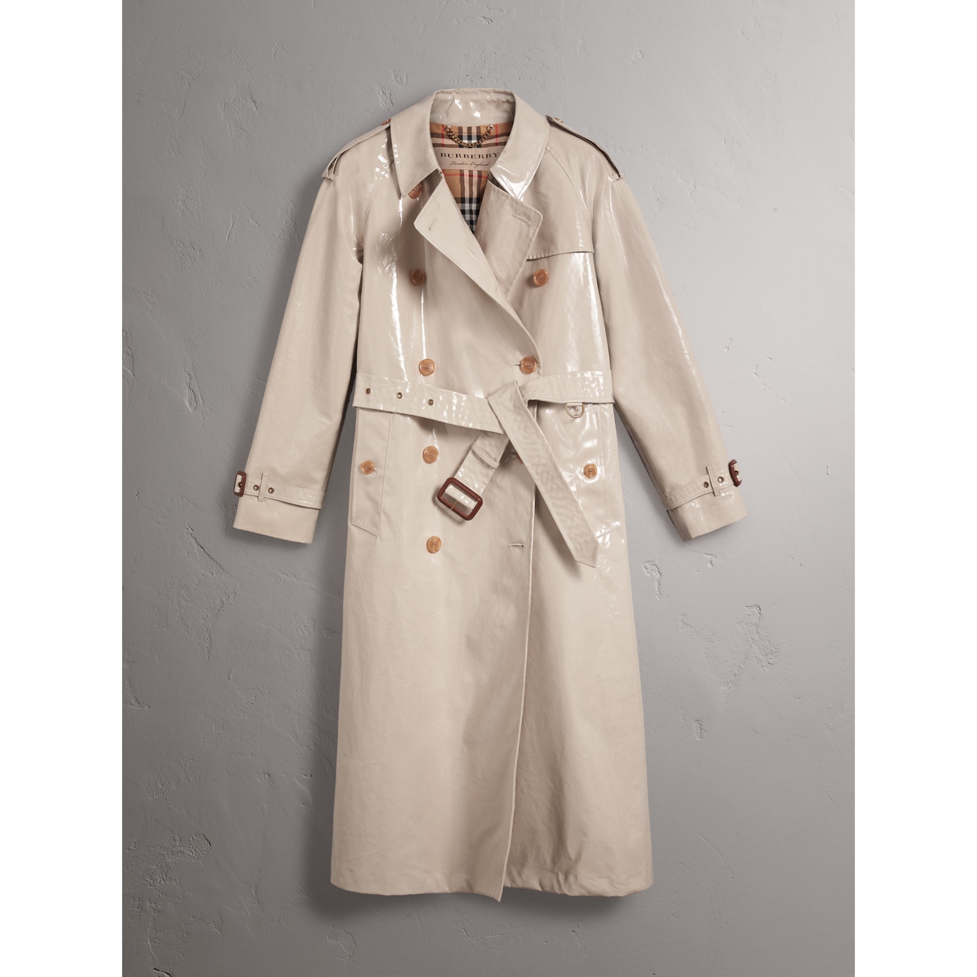 Raglan-sleeve Laminated Gabardine Trench Coat in Stone - Women ...