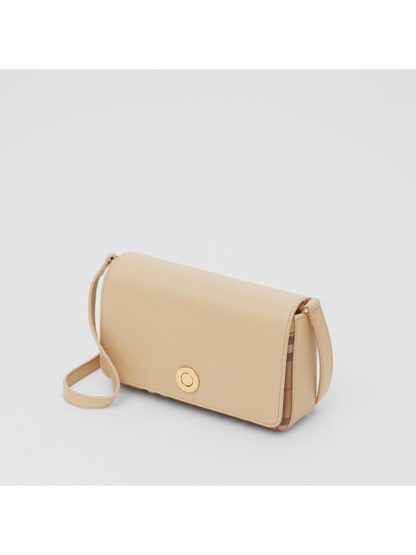 Small Leather and Vintage Check Crossbody Bag in Light Beige Women