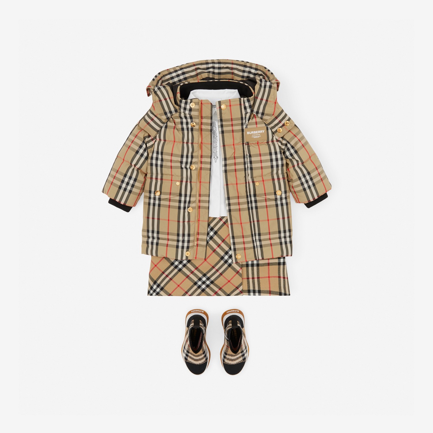 Horseferry Motif Vintage Check Puffer Coat in Archive Beige - Children | Burberry® Official