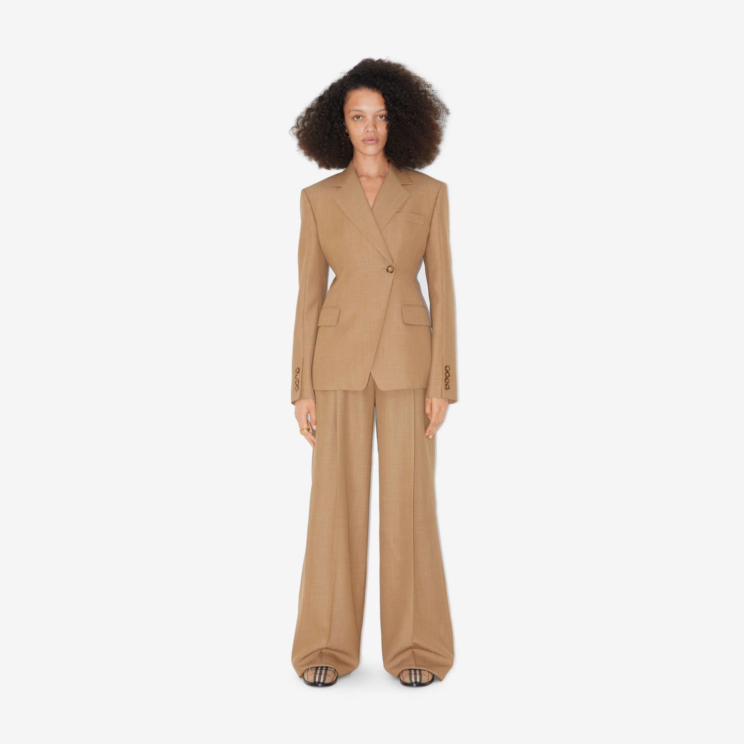 Calças estilo pantalona de lã com pregas (Camel Mesclado) - Mulheres | Burberry® oficial