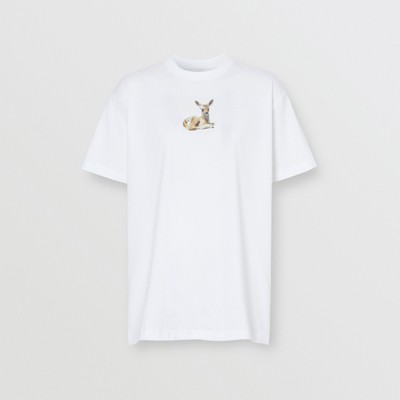 Deer Print Cotton T-shirt in White 