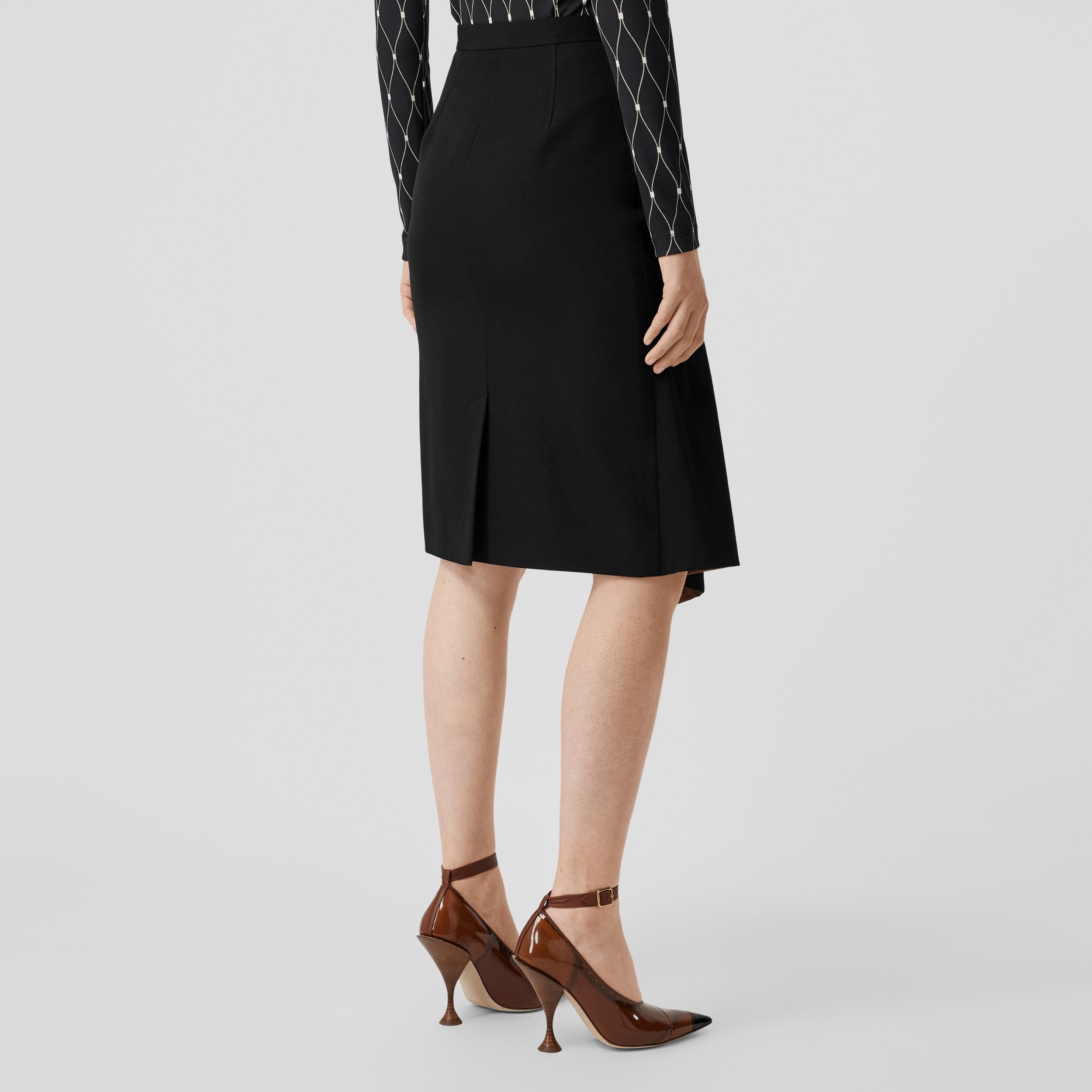 Ship Print Silk Panel Wool Pencil Skirt in Black - Women | Burberry