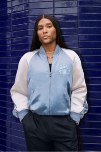 Shot of Law Roach wearing Burberry Satin Bomber Jacket